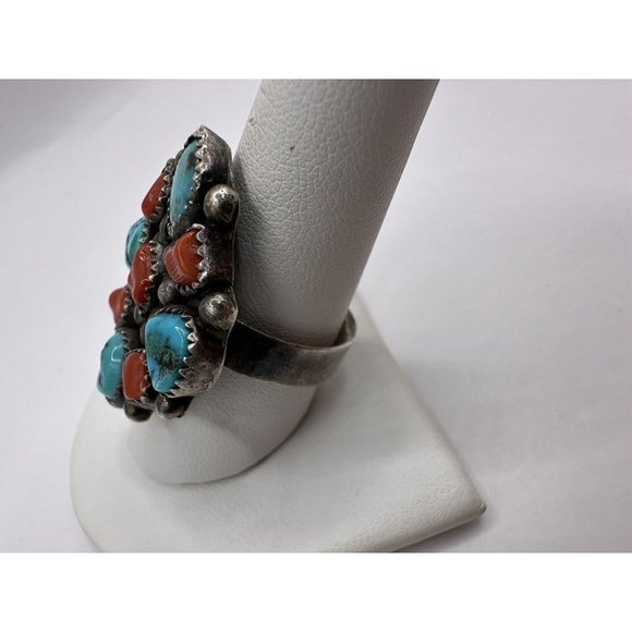 VINTAGE NATIVE AMERICAN RUNNING BEAR TURQUOISE & CORAL SIGNED RING SZ 9 - Picture 2 of 7